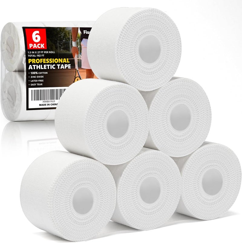 Fiuddy Professional 6 Pack White Athletic Sports Tape - 1.5 Inch × 27 Feet Per Roll | Total 162 Feet, Very Strong Easy Tear No Sticky Residue Wrist Ankle Tape for Football Climbing Soccer Gymnastics Injuries - Image 1